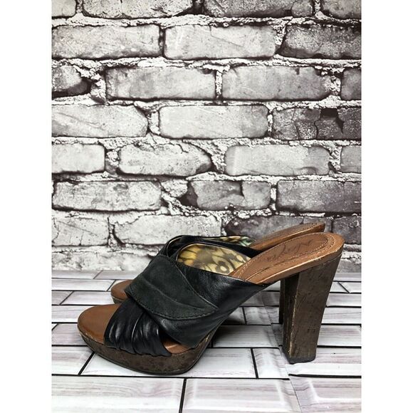 Naya Black Leather Cross Strap Casual Wooden Heel Sandals Women’s Sz 7M US/38EU - Picture 16 of 16